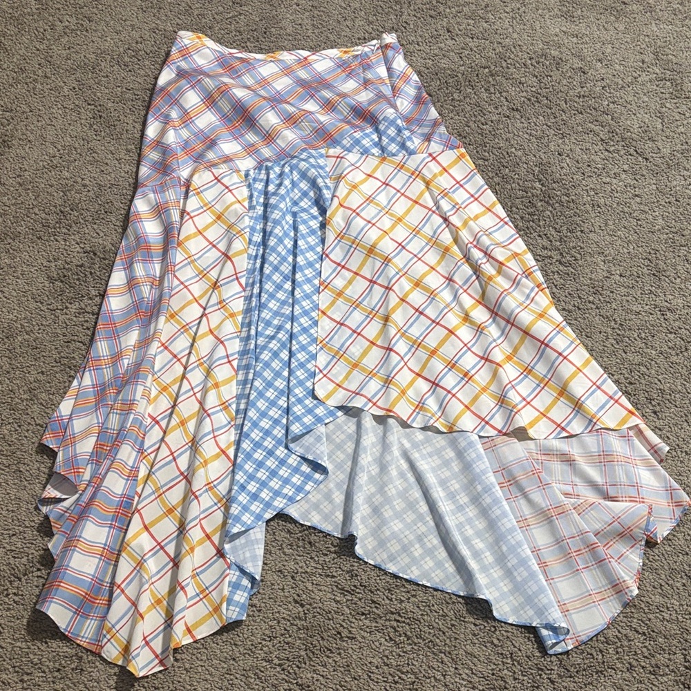 Veronica Beard Asymmetrical Handkerchief Skirt Blue and Yellow Plaid, Size 2 - Picture 2 of 8